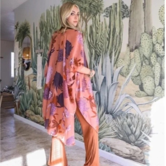 Roseclay Pink Floral Flower Print Motif Kimono Wrap Coverup Open Top Casual - Picture 3 of 3